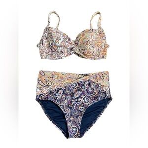 LANDS END Two Piece Paisley Print Contrast Colors Summer Vacation Swimsuit Sz 12